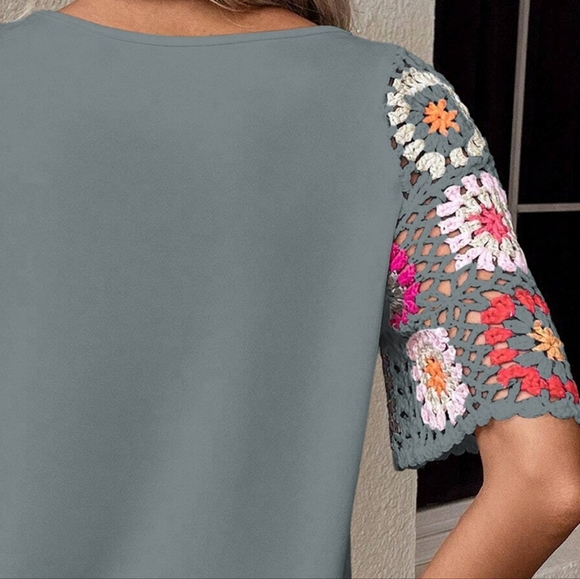 Crochet Patchwork Colorful Granny Square Open Knit Top Short Sleeve Boho Shirt - Picture 8 of 11